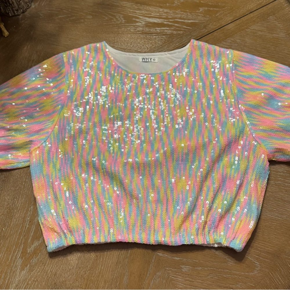WHY DRESS multi color rainbow sequin top